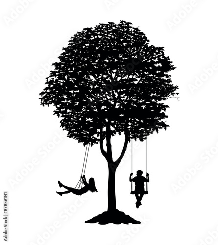 Boy and girl swinging on swing under a big tree black silhouette. Children playing outdoors summertime activities vector silhouettes.