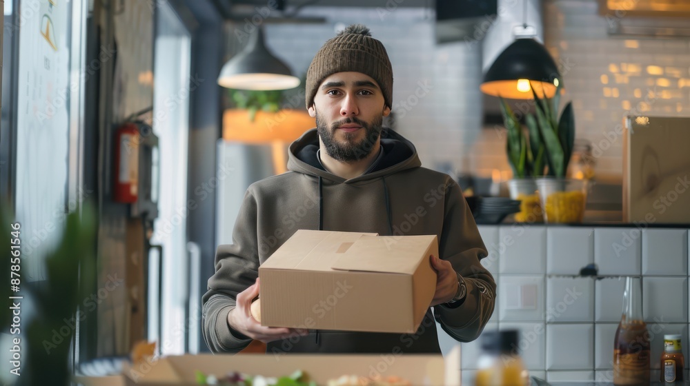 A delivery driver picking up orders from a ghost kitchen A delivery driver picking up orders from a ghost kitchen