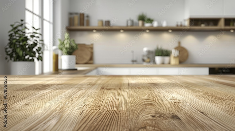 Wooden light empty table top in modern white kitchen, kitchen panel in interior Wooden light empty table top in modern white kitchen, kitchen panel in interior