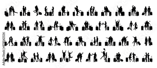 Collection of traveling couple with luggage travel bags vector silhouettes set. Tourist couple with travel bags various poses vector silhouette set collection.
