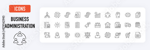 Business Administration icons set. Contains Collaborate, Profit And Loss, Implement, Profitable, Turnover, Budget, Merchandise, Recruit and Supervision more vector illustration collection.	