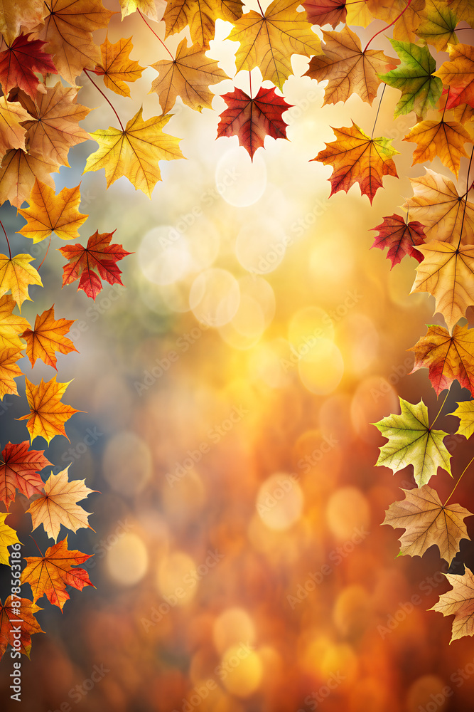 The image is an illustration that depicts an autumnal scene with autumn leaves in shades of deep red, orange, yellow, brown, and green, arrayed in a horizontal border formation The image is an illustration that depicts an autumnal scene with autumn leaves in shades of deep red, orange, yellow, brown, and green, arrayed in a horizontal border formation