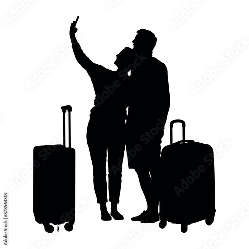 Happy couple taking selfie with travel bags black silhouette.
