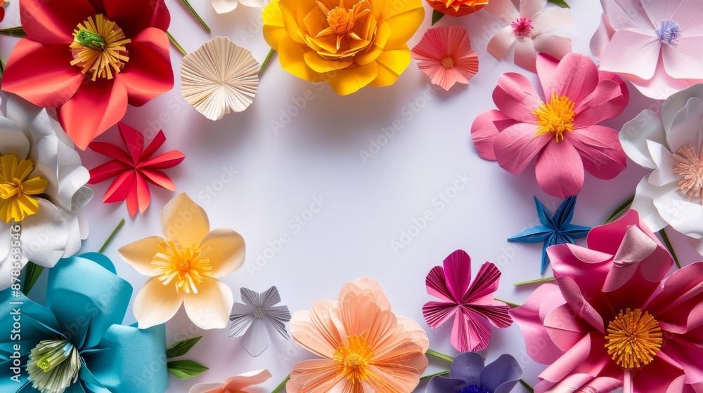 Colorful paper flowers in circular arrangement on white background. Bright and vibrant colors with origami style floral designs creating a cheerful look. Colorful paper flowers in circular arrangement on white background. Bright and vibrant colors with origami style floral designs creating a cheerful look.