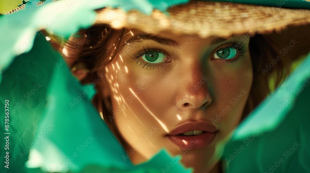 Close-up portrait of a woman with green eyes and a straw hat, surrounded by green fabric, capturing the essence of summer and natural beauty. Close-up portrait of a woman with green eyes and a straw hat, surrounded by green fabric, capturing the essence of summer and natural beauty.