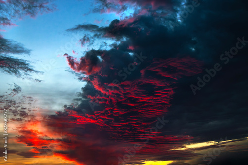 Dramatic sky scene during sunset or sunrise, with dark, stormy clouds