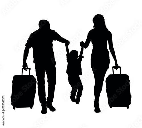 Parents swinging child while pulling suitcase going on travel vacation vector silhouette.