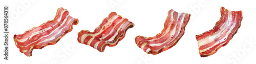 Set collection hand drawn watercolor of crispy strips of bacon isolated on white background