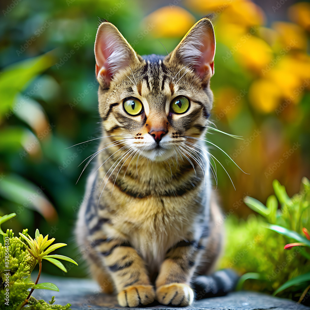 The image depicts a striped tabby cat with yellow eyes sitting on a rock in a garden The image depicts a striped tabby cat with yellow eyes sitting on a rock in a garden