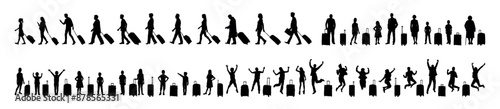 People different ages and gender with suitcases vector silhouettes set.