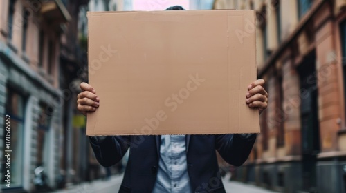 a man in a suit holds up an empty cardboard