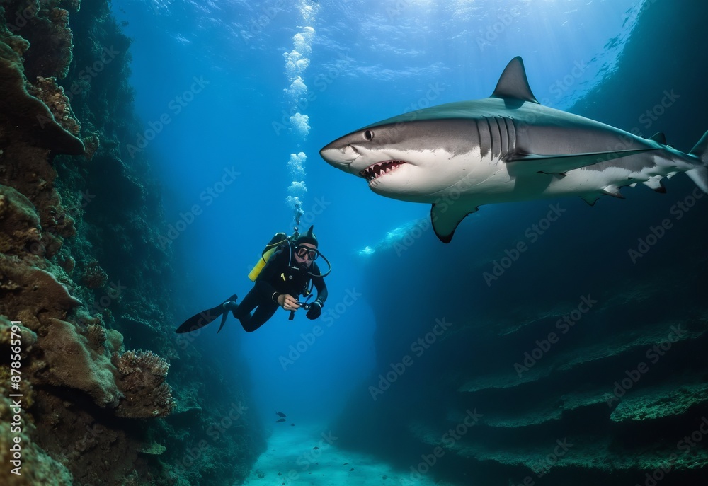 Fototapeta premium scuba drivers through tunnel under the ocean with fish and dangerous killer shark undersea life wonders