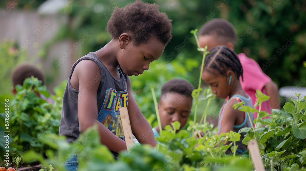 Fototapeta premium Children tending to a community garden, rich greenery and engaged faces, bottom third copy space