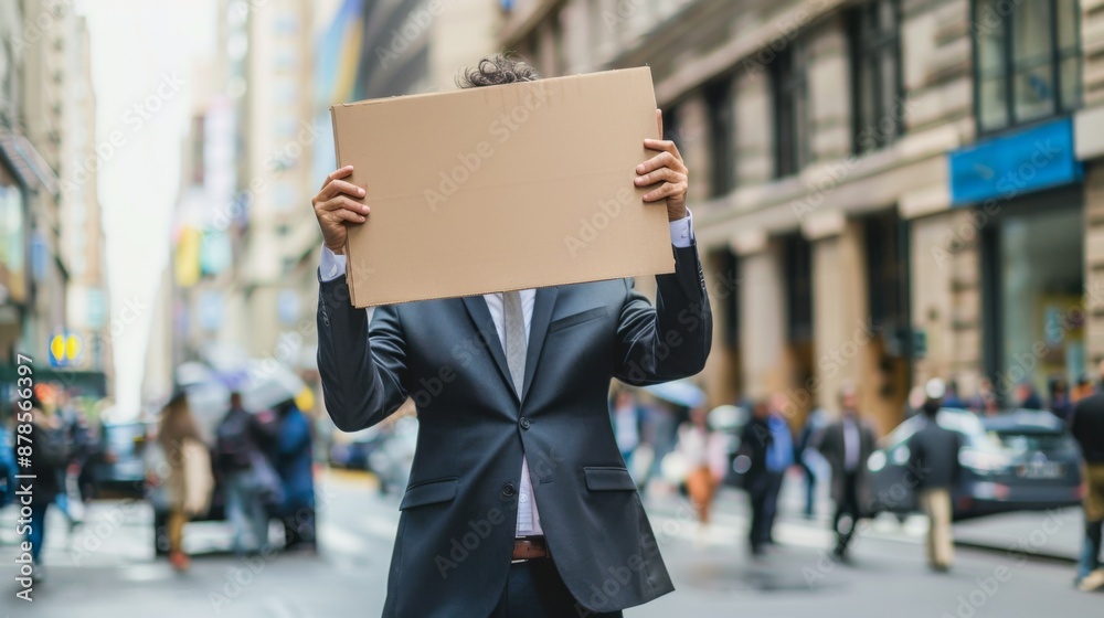 candid street photograph of business man holding empty cardboard candid street photograph of business man holding empty cardboard