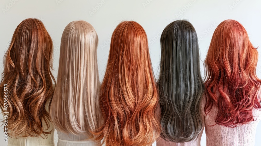 Fototapeta premium Back view of various long wigs in different colors