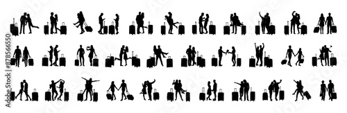 Travelers with suitcases in different poses vector black silhouettes set. Couple tourist vacation trip silhouette set collection.