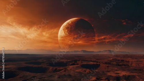 A cinematic photo of Sol, captured through the lens of a high-contrast, large-format camera, emphasizing the stark, rugged beauty of the terrestrial planet's rust-red terrain Generative AI