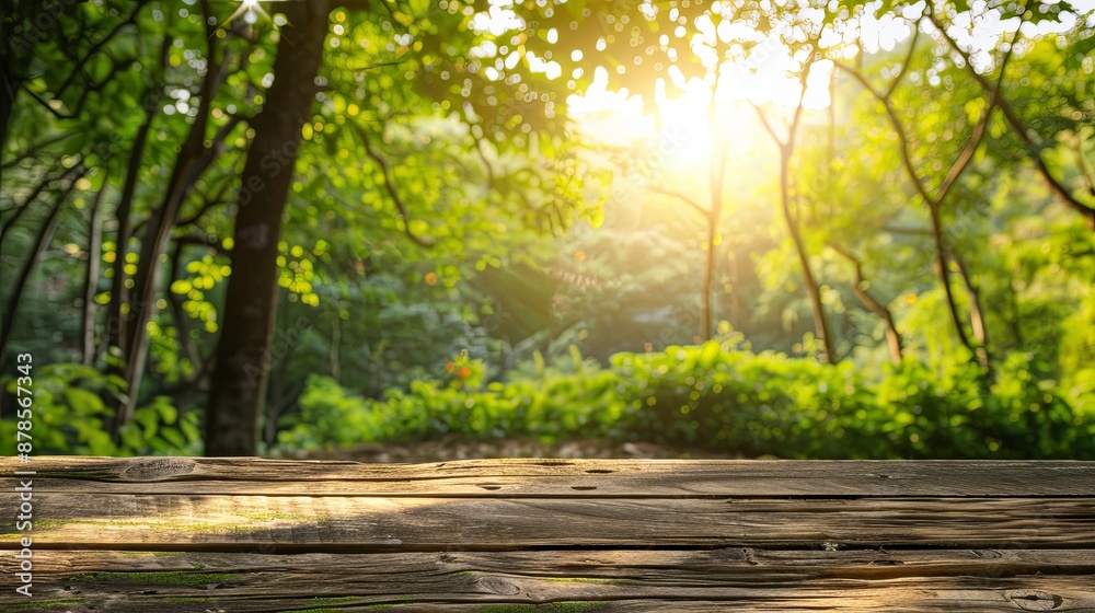 Rustic wooden plank with sunny forest background. Rustic wooden plank with sunny forest background.