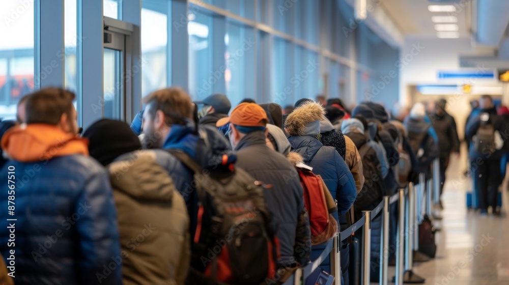 A long line of passengers waits at an airport gate, likely for a delayed or canceled flight due to overbooking A long line of passengers waits at an airport gate, likely for a delayed or canceled flight due to overbooking