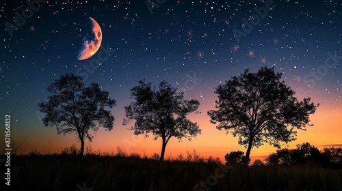 A serene landscape featuring the silhouette of trees against a dusk sky with the setting sun and a rising moon in the backdrop