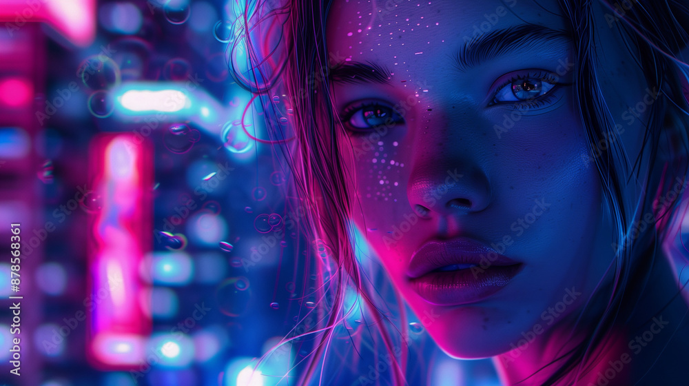 Futuristic portrait of a woman with neon lights and cyberpunk aesthetics. Ideal for sci-fi and futuristic themes, highlighting innovative and high-tech visual effects Futuristic portrait of a woman with neon lights and cyberpunk aesthetics. Ideal for sci-fi and futuristic themes, highlighting innovative and high-tech visual effects