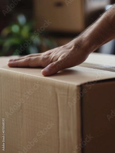 A person's hand resting on top of a cardboard box