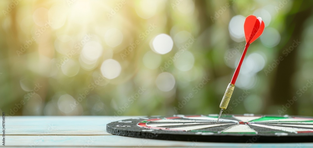 A red dart piercing the bullseye of a dartboard outdoors, symbolizing focus and precision, with a serene, bokeh background. Achieving top scores with expert use of bokeh effects