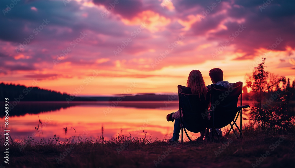Obraz premium lovely couple sitting on camping chair and watching lake, dramatic sunset colors painting the sky