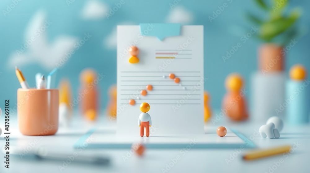 Miniature person standing on a clipboard, representing goals and achievements. Miniature person standing on a clipboard, representing goals and achievements.