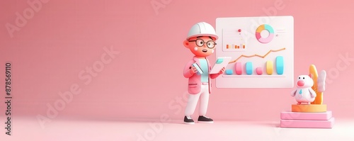 3D illustration of a cartoon character presenting data on a whiteboard. © Naphatson