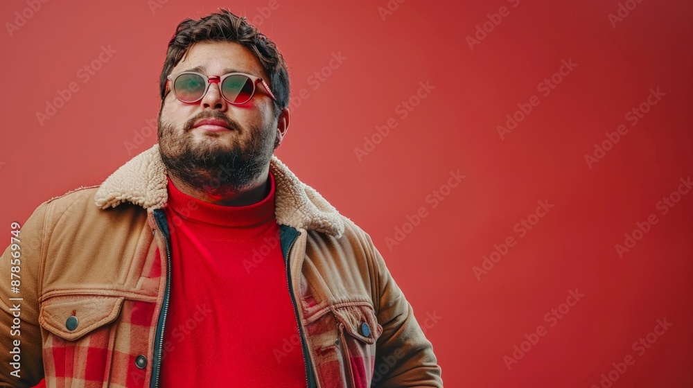 A man wearing a red shirt and a brown jacket poses against a red background A man wearing a red shirt and a brown jacket poses against a red background