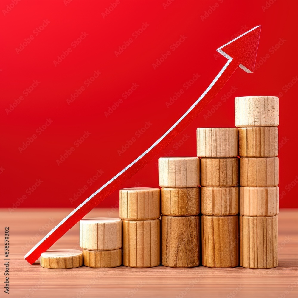 Obraz premium Wooden blocks with a declining graph and arrow down on a red background, representing market analytics for economic downturn. Flat lay. High quality, no realistic photo details.