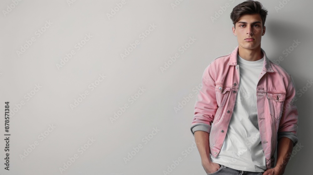 A young man in a pink denim jacket and white t-shirt stands confidently A young man in a pink denim jacket and white t-shirt stands confidently