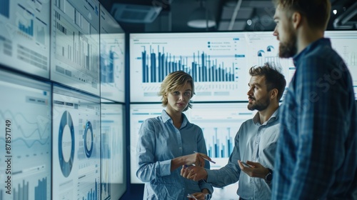 Three people are standing in front of a wall of monitors displaying graphs