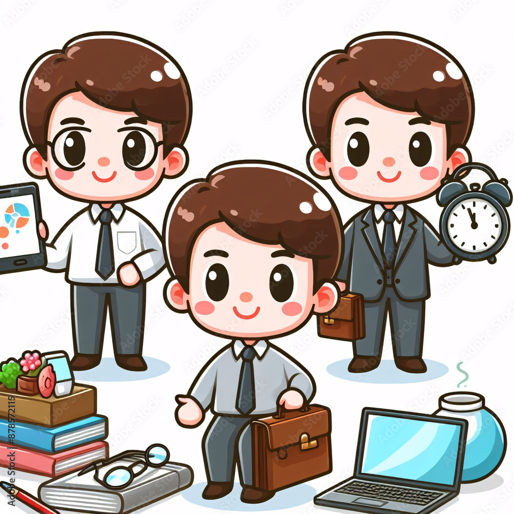 set of funny cute cartoon businessman employees doing office poses isolated on white background set of funny cute cartoon businessman employees doing office poses isolated on white background