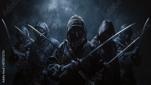 Three mysterious figures in black ninja attire holding swords enveloped in smoke