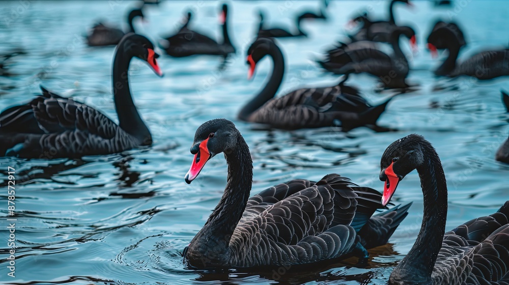 Obraz premium Black Swan Couple Swimming in Blue Water.