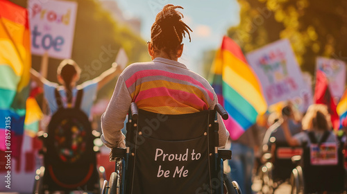 A powerful image of a wheelchair user at a rally with the text "Proud to be Me" with copy space © Kateryna