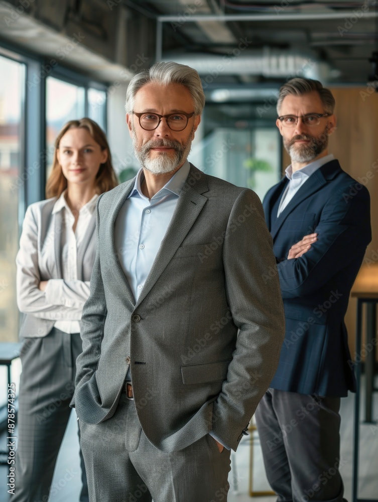 A businessman stands next to two women, likely coworkers or clients A businessman stands next to two women, likely coworkers or clients