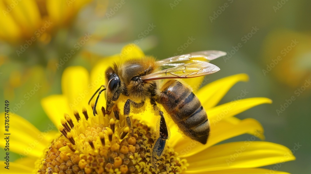 Honeybee Collecting Pollen on a Yellow Flower Honeybee Collecting Pollen on a Yellow Flower