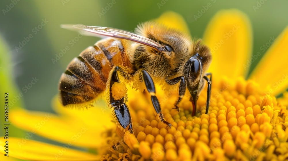 Honeybee Collecting Pollen on a Yellow Flower Honeybee Collecting Pollen on a Yellow Flower