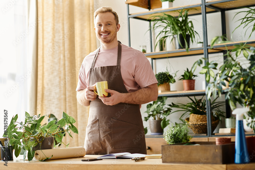 A handsome man in an apron enjoys a cup of coffee in a plant shop, embodying the essence of owning a small business. A handsome man in an apron enjoys a cup of coffee in a plant shop, embodying the essence of owning a small business.