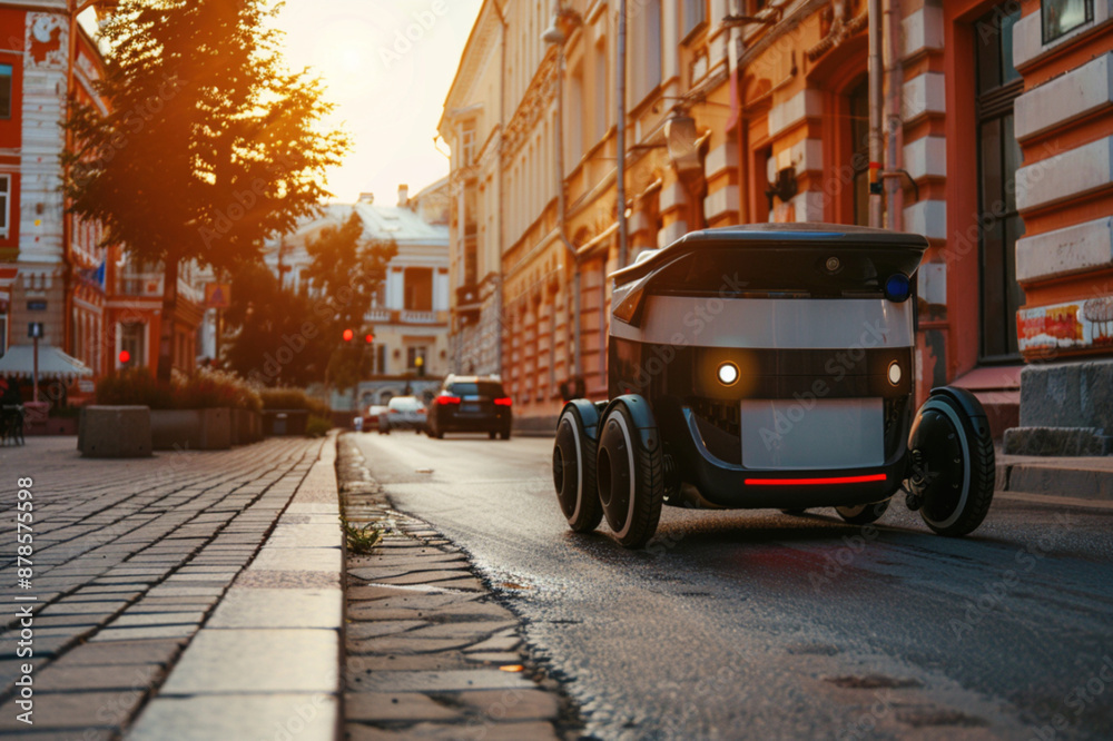 Future of urban logistics, emphasizing efficiency, convenience, and the integration of AI in everyday life. Autonomous delivery robot carrying cardboard box navigates a sunny city street Future of urban logistics, emphasizing efficiency, convenience, and the integration of AI in everyday life. Autonomous delivery robot carrying cardboard box navigates a sunny city street