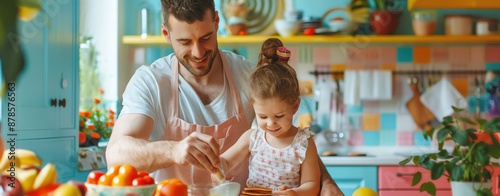 Father and daughter making pancakes in a colorful kitchen, ample copy space photo