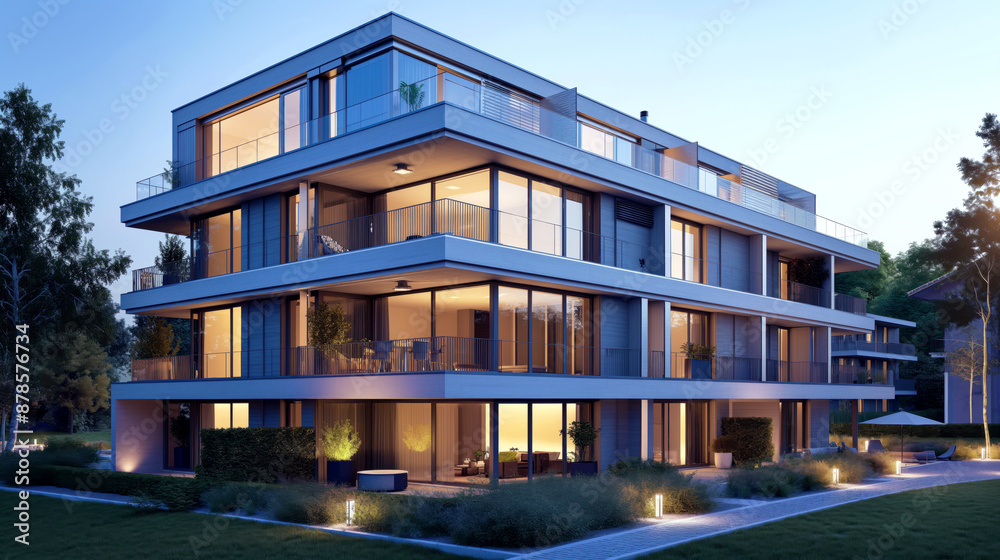 Modern multi-story residential building illuminated at twilight with balconies and large windows Modern multi-story residential building illuminated at twilight with balconies and large windows