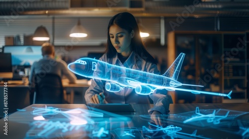 Female engineer research and development test with an airplane model hologram floating above the table at Aeronautics factory office room.