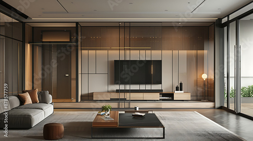 Modern living room with grey couch, wooden cabinets, and a black coffee table,  in warm brown, grey, and black tones, showcasing a luxurious and minimalist design. 
