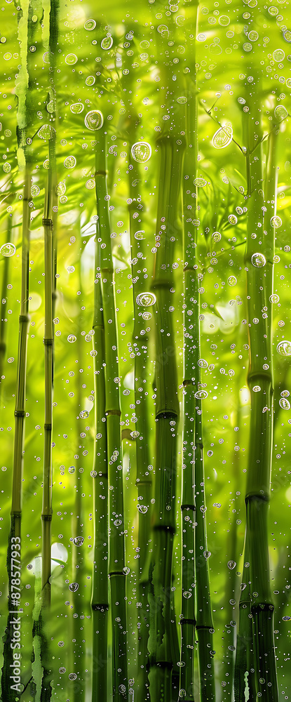 Fototapeta premium Green bamboo stalks with water droplets, conveying serenity, nature, and tranquility for a spa or wellness concept. 