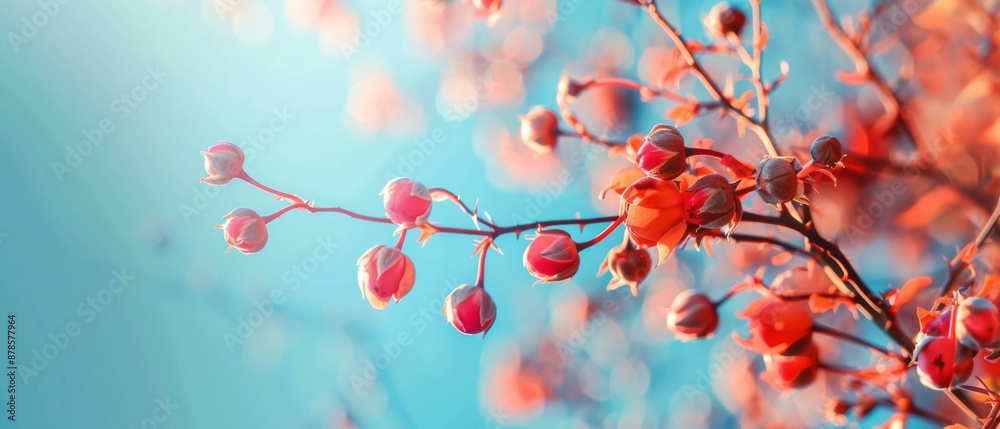 Beautiful spring border, blooming rose bush on a blue background. Flowering rose hips against the blue sky. Soft selective focus Beautiful spring border, blooming rose bush on a blue background. Flowering rose hips against the blue sky. Soft selective focus