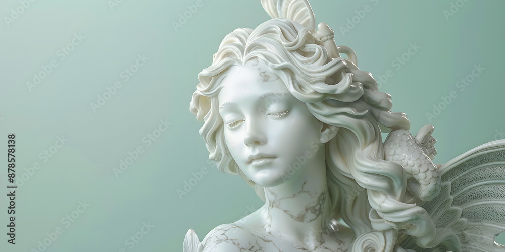 A marble statue of a serene mermaid, with intricate scales and flowing hair, set against a pastel seafoam green background A marble statue of a serene mermaid, with intricate scales and flowing hair, set against a pastel seafoam green background